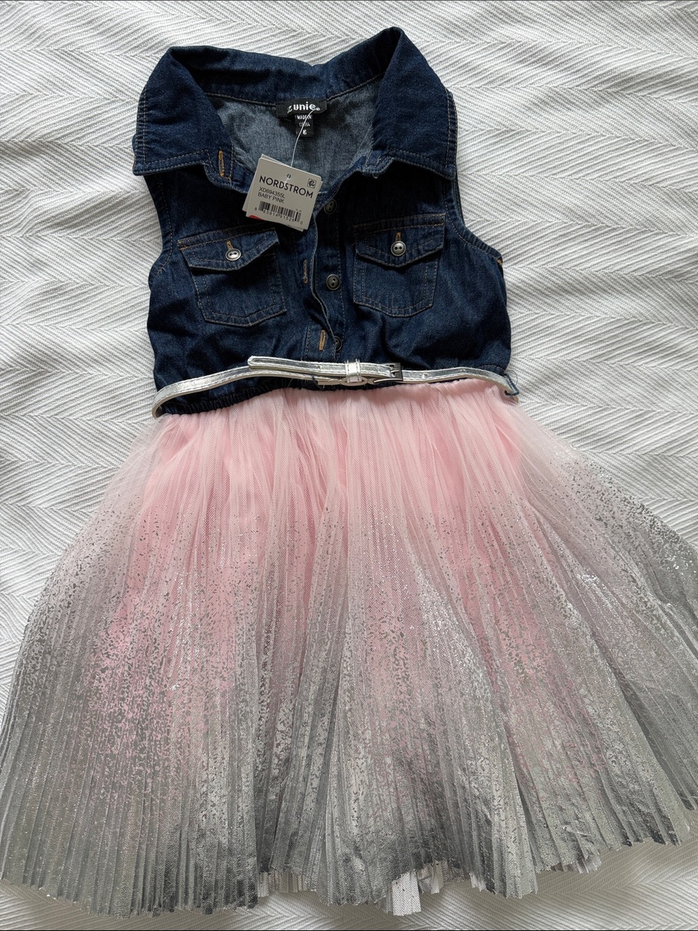 Zunie Navy Denim & Pink to Silver Ombre Tulle Dress with Silver Belt